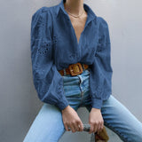 Women’s Hollow-Out Puff Sleeve Blouse – Casual Loose Solid Shirt