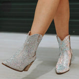 Damen-Glitzer-Cowboy-Stiefeletten – Glänzende Bling-Western-Cowgirl-Stiefeletten