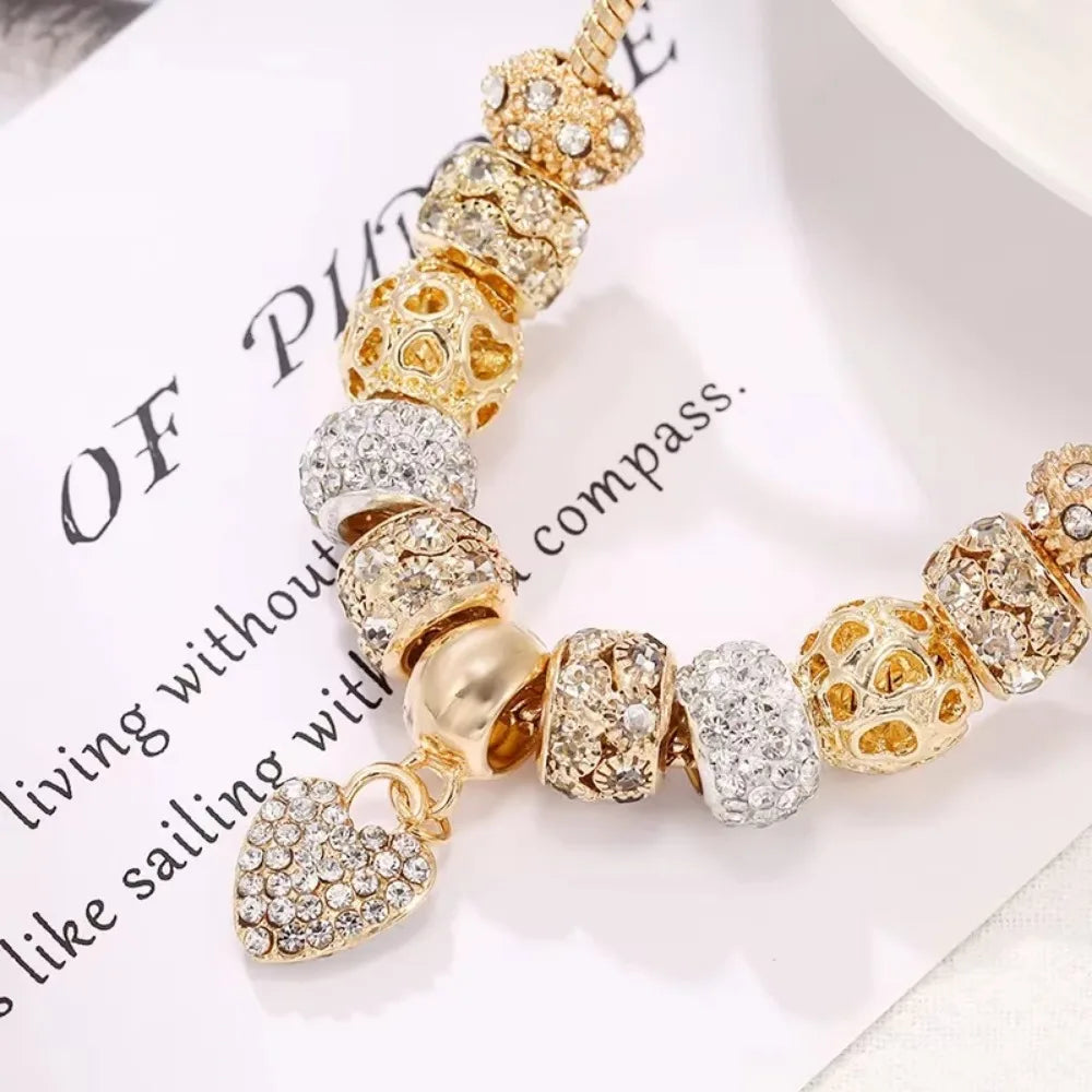 Kristallherz-Charm-Armband für Damen – goldfarbenes Schlangenkettenarmband