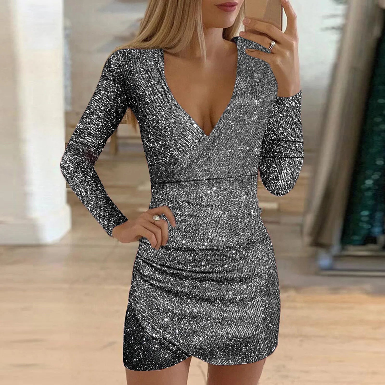 Sexy Pailletten-V-Ausschnitt Bodycon-Kleid für Damen – elegantes durchsichtiges Netzstoff-Minikleid mit langen Ärmeln