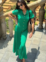 Women’s Chic Patchwork Knitted Maxi Dress – Elegant Short Sleeve Hollow Out Ribbed Long Dress