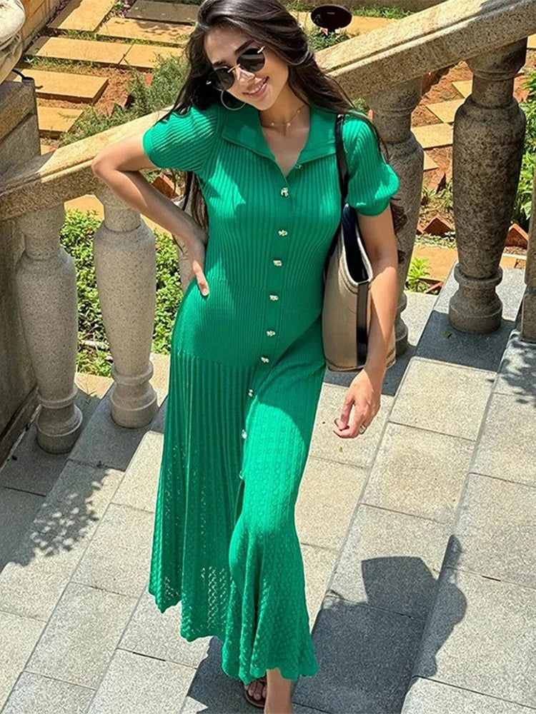 Women’s Chic Patchwork Knitted Maxi Dress – Elegant Short Sleeve Hollow Out Ribbed Long Dress