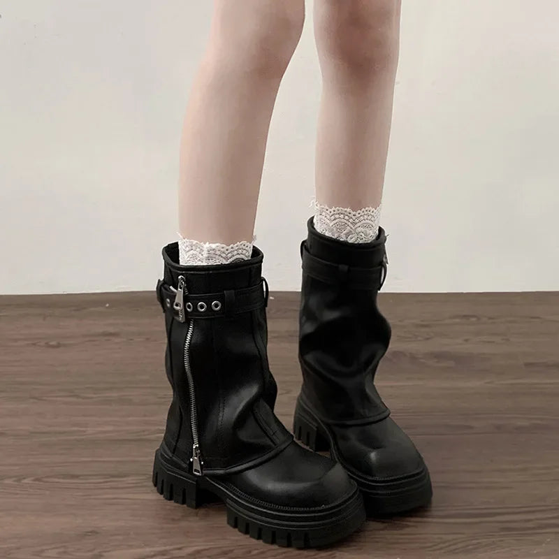 Damen Winter Biker Boots – Elegante Plateau Flache Mode Gürtelschnalle Knight Boots