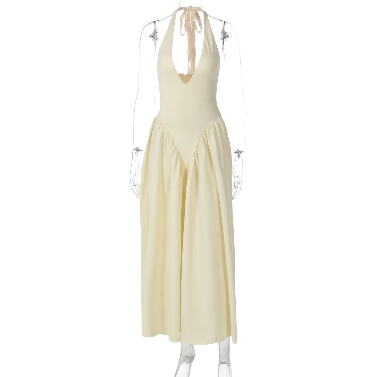 Women’s Sexy Backless Deep V-Neck Maxi Dress – Spliced Halter Sleeveless Dress