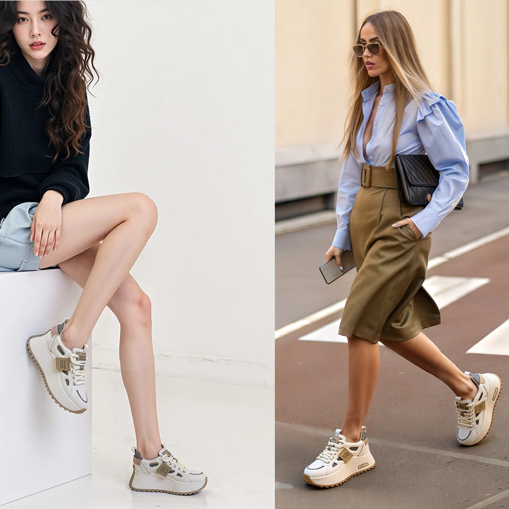 Women’s Leather Hidden Heel Sneakers – 7cm (3 Inch) Platform Wedge Shoes