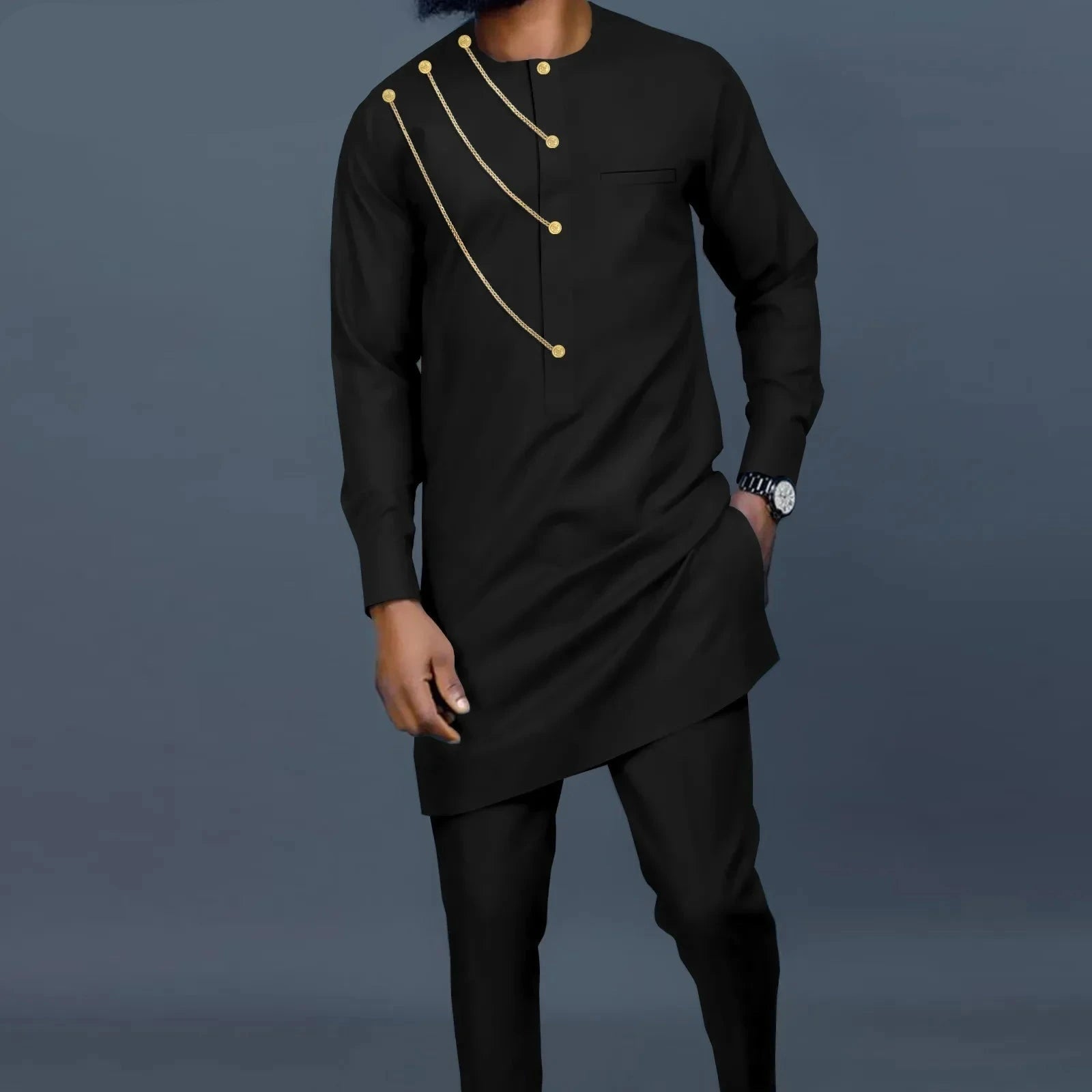 African Single Breasted Shirt with Chain Detail and Pants Men’s 2-Piece Bazin Riche Set