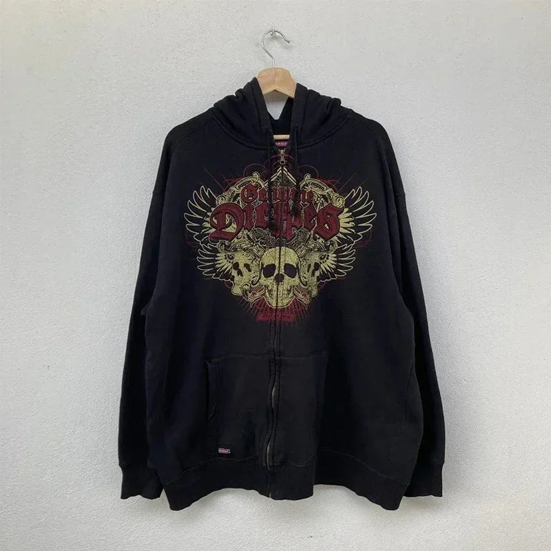 Herren Y2K Goth Kapuzenpullover mit Reißverschluss – Gothic Muster Grafik Sweatshirt – Harajuku Hip Hop Streetwear