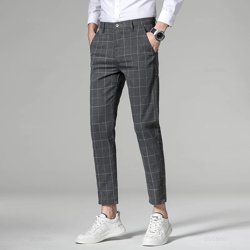 Men’s High-Quality Plaid & Stripe Trousers – Business Formal Suit Pants, Ankle & Full Length Straight Slacks