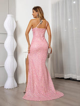 Elegantes, pinkes Pailletten-One-Shoulder Meerjungfrauenkleid für formelle Anlässe wie Abschlussball & Abendgarderobe