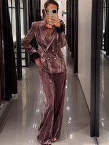 Women’s Chic Velvet Feather Patchwork Suit – Elegant Lapel Blazer & Wide Leg Pants 2-Piece Set