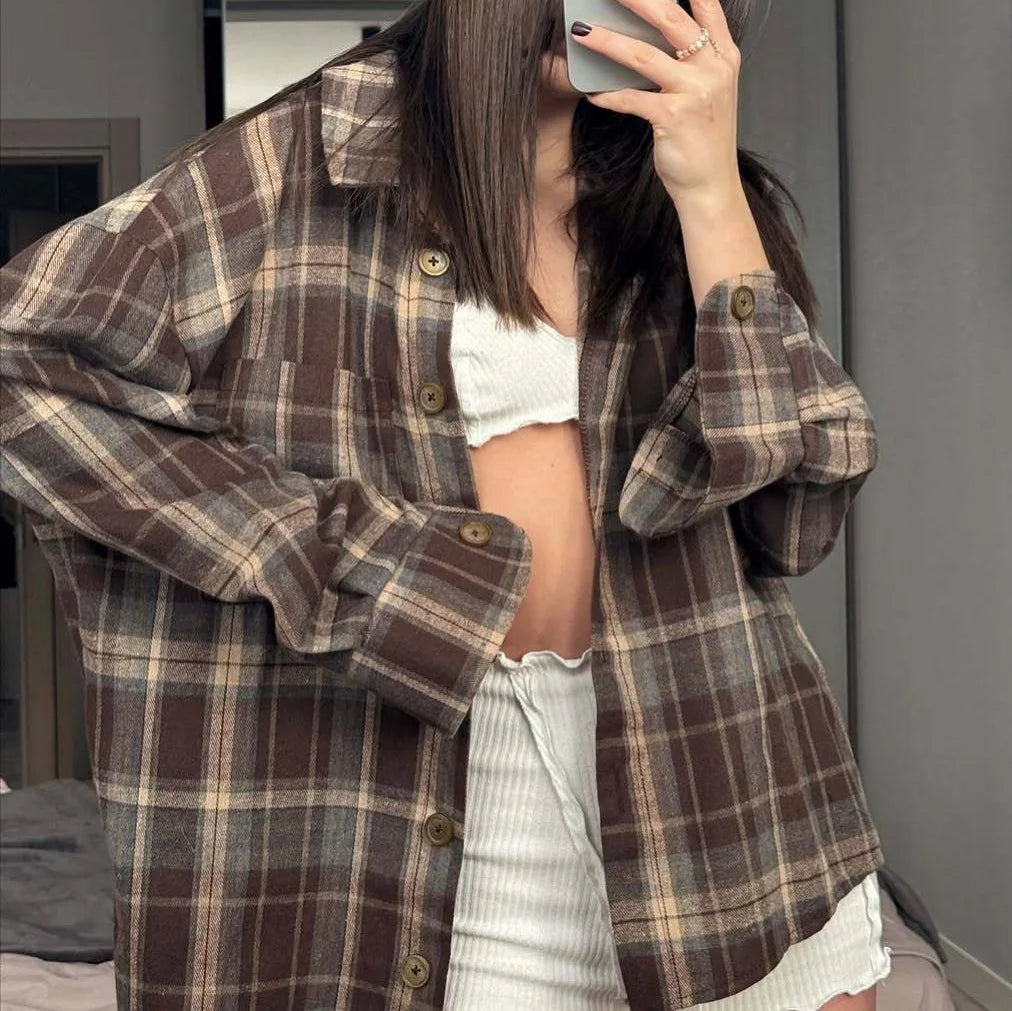 Damen Vintage Kariertes Hemd – Y2K Herbst Loose Langarm-Oberteil