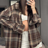Damen Vintage Kariertes Hemd – Y2K Herbst Loose Langarm-Oberteil