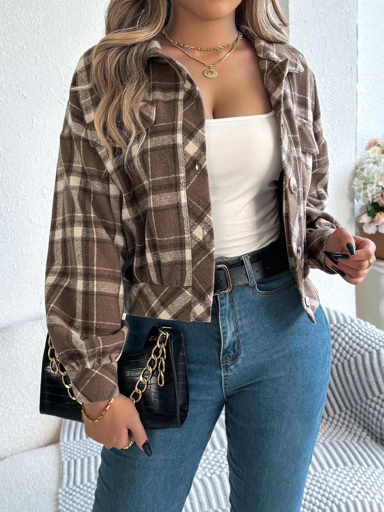 Damen karierte Cropped Wolljacke – Laternenärmel Knopfleistenmantel