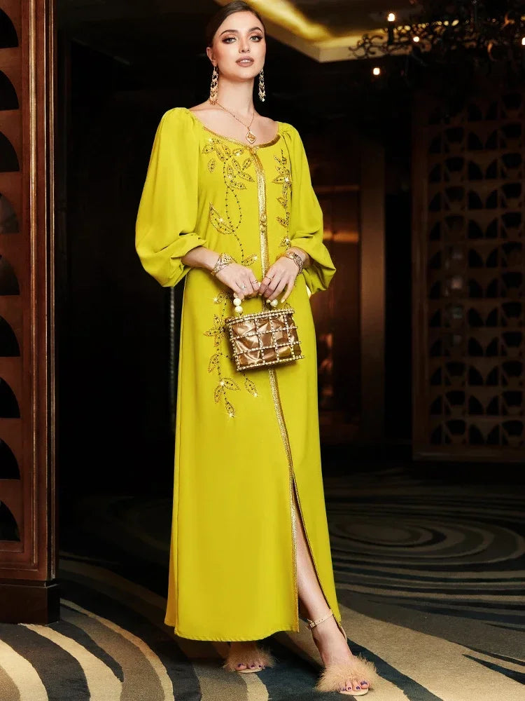 Muslim Dress Caftan with Embroidery – Lantern Sleeve Bandage Dress