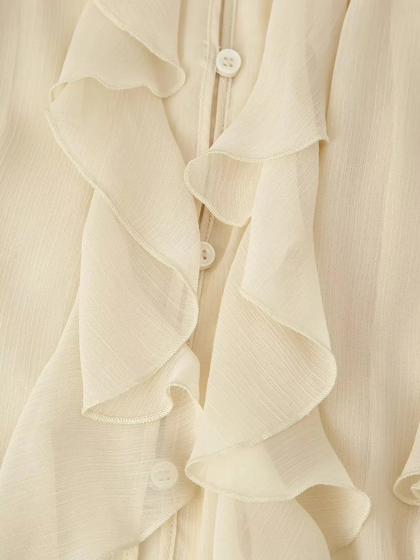 Women’s Sexy Semi-Sheer Ruffle Blouse | V-Neck Long Sleeve Button-Down Shirt