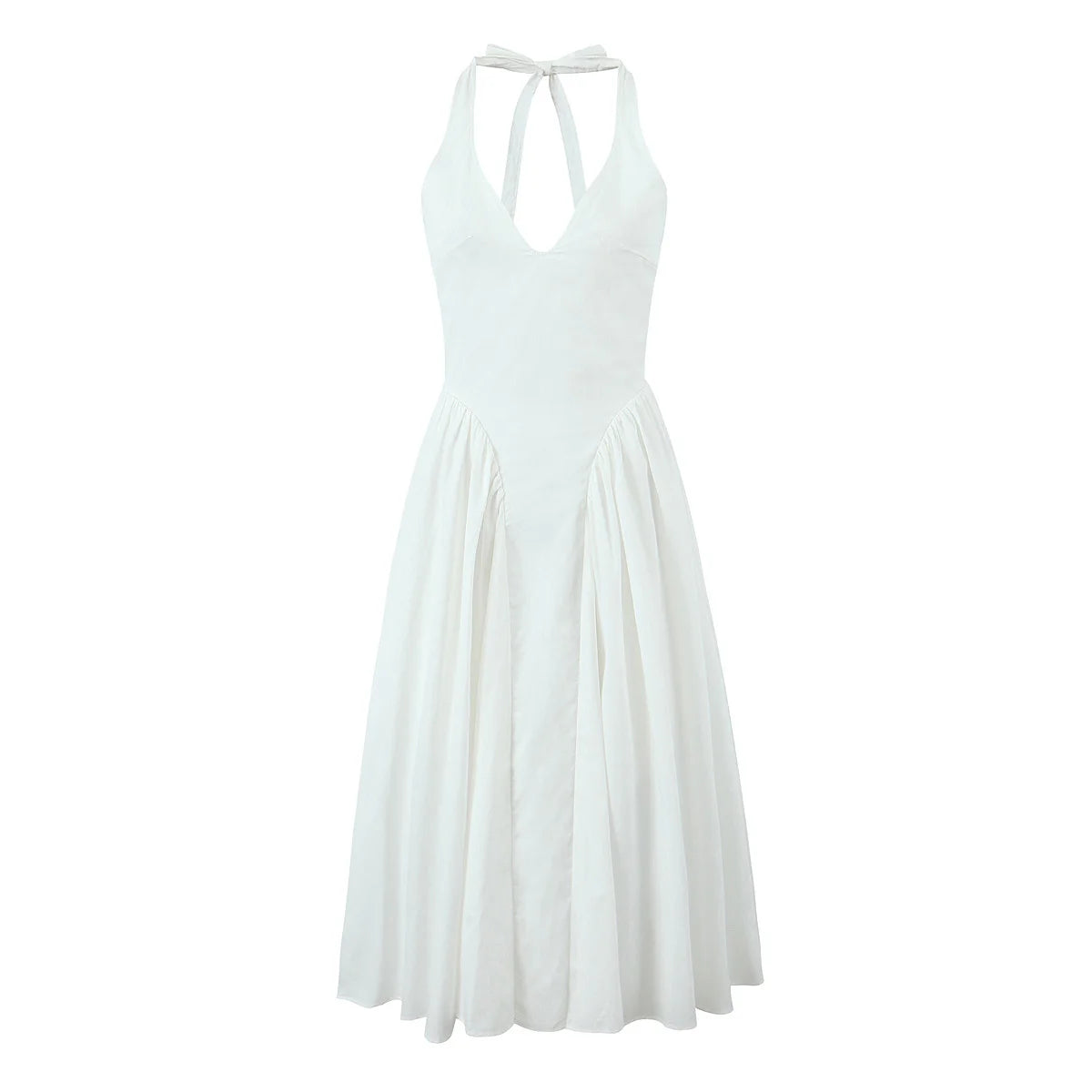 The "Aura Cotton" Midi: A Daring Backless Halter with a Seductive Low-Waist A-Line Flare