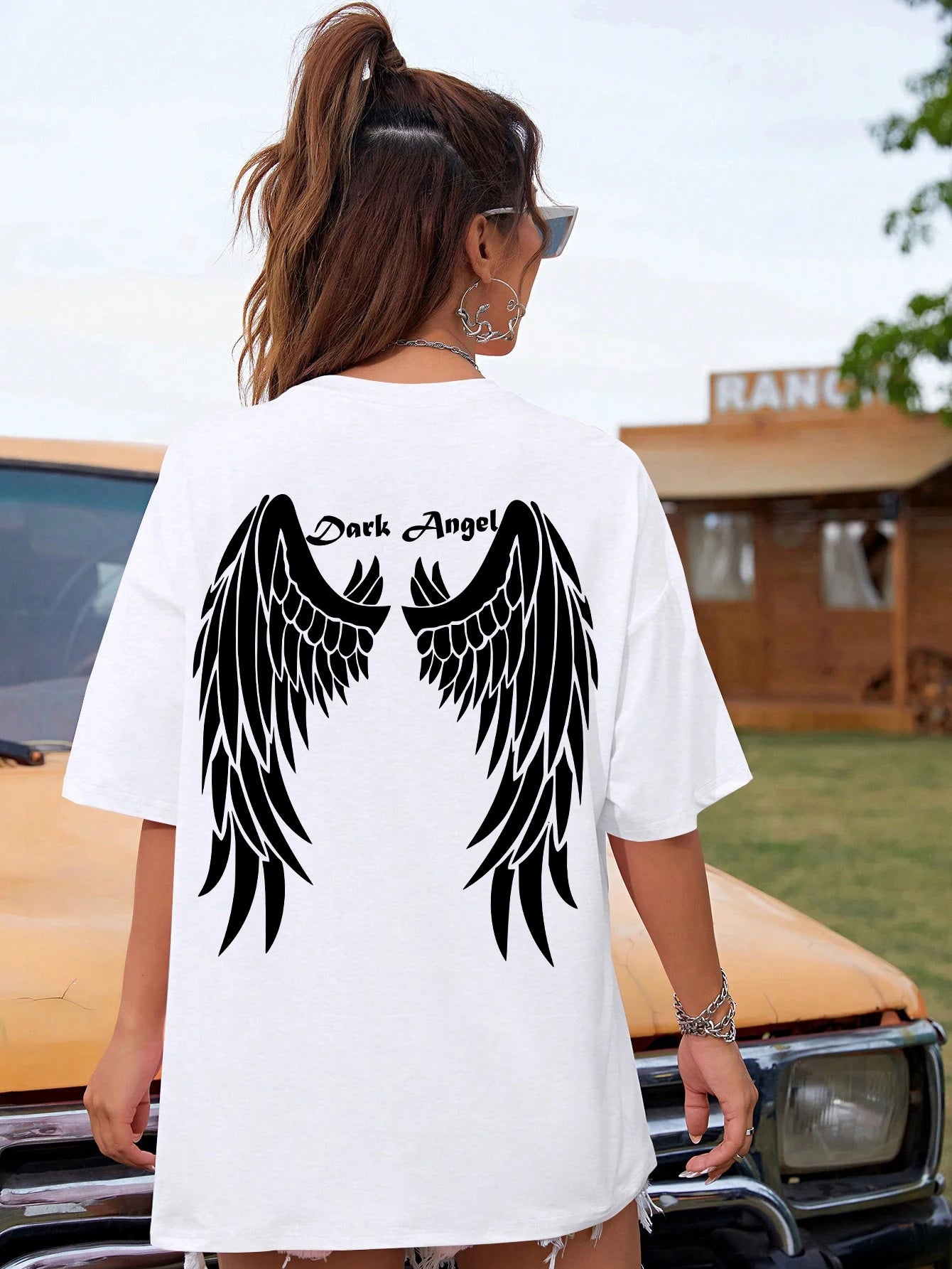 Damen T-Shirt mit dunklem Engelsflügel-Grafik – 100 % Baumwolle, lockere Passform, Hip Hop Streetwear