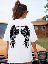 Damen T-Shirt mit dunklem Engelsflügel-Grafik – 100 % Baumwolle, lockere Passform, Hip Hop Streetwear