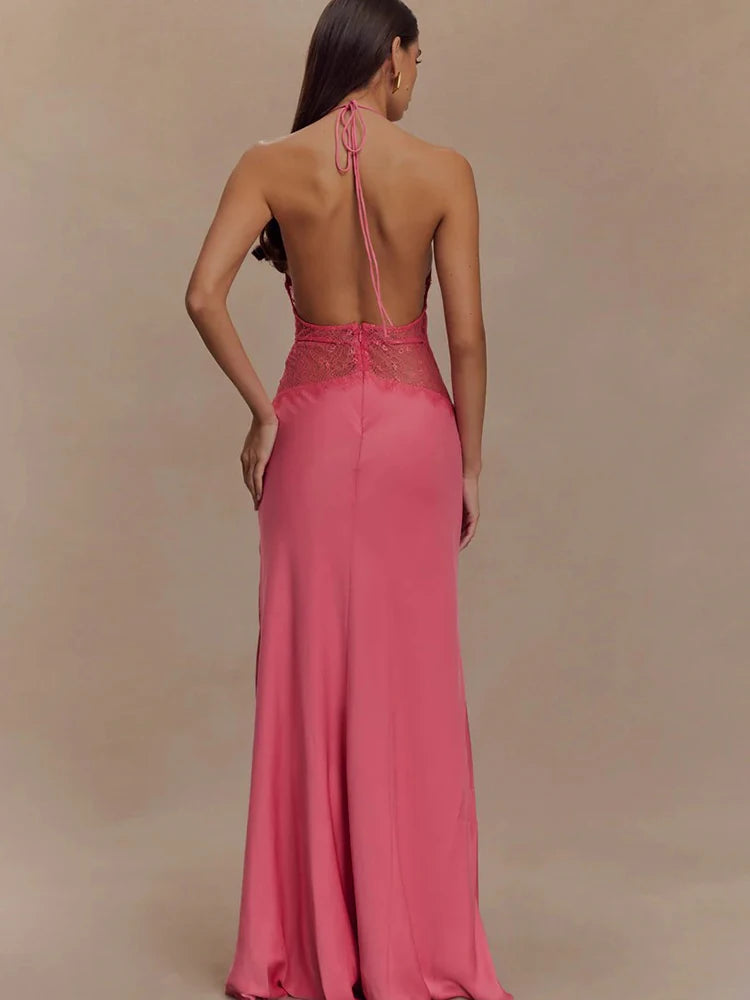 Women’s Sexy Deep Neck Lace Halter Maxi Dress – Backless Patchwork Evening Gown