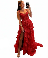 Glitzerndes, gestuftes Spitzen-Tüll-Ballkleid | Langes Korsettkleid mit Spaghettiträgern