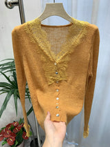 Women’s Elegant Lace Patchwork Cardigan – Chic V-Neck Slim Knit Sweater