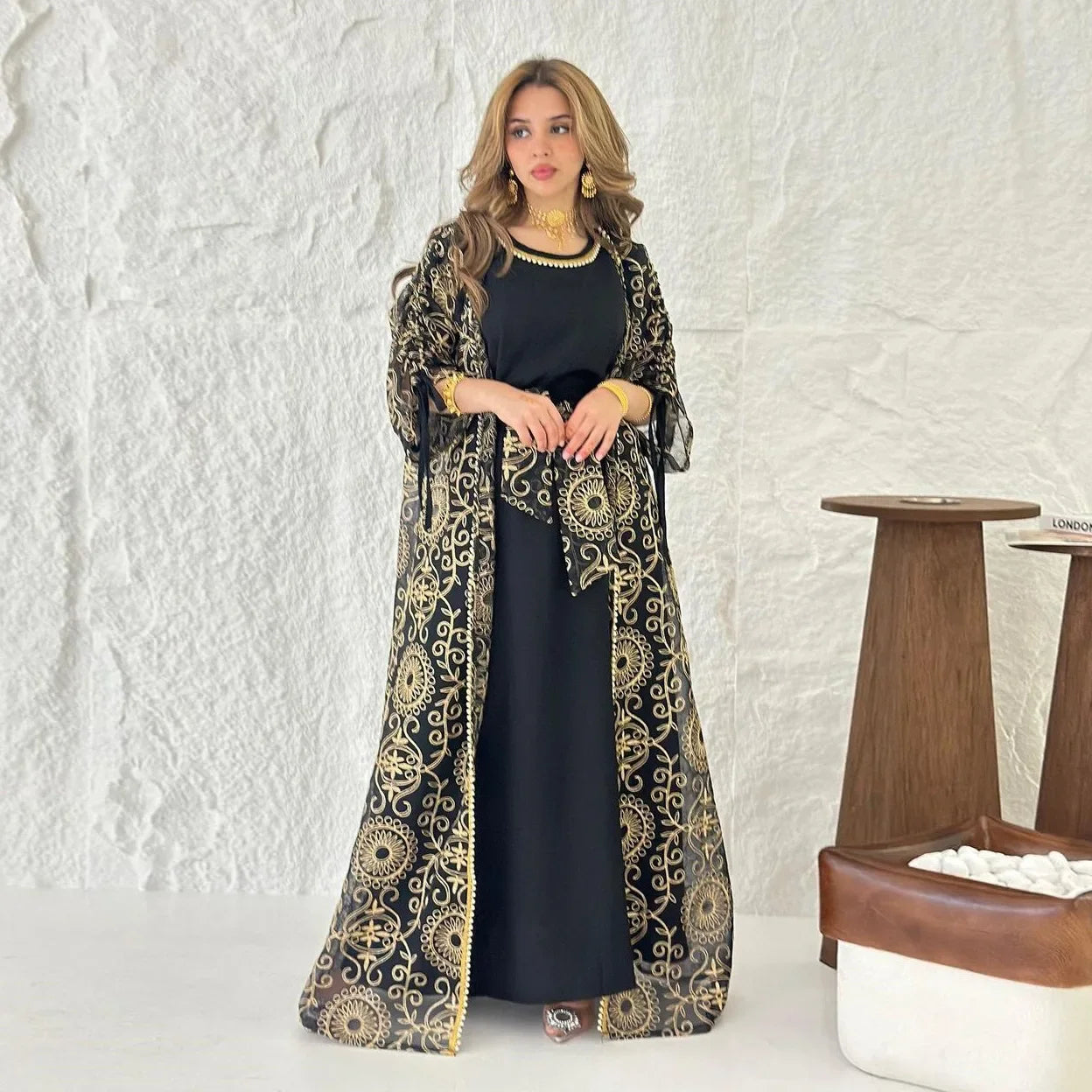 Muslim Women’s 2-Piece Abaya Set for Eid | Embroidered Open Cardigan and Lace-Up Inner Dress