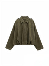 High Street Fashion Suede Bomber Coat - Lapel Long Sleeve Winter Jacket