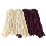 Women’s Sexy Semi-Sheer Ruffle Blouse | V-Neck Long Sleeve Button-Down Shirt