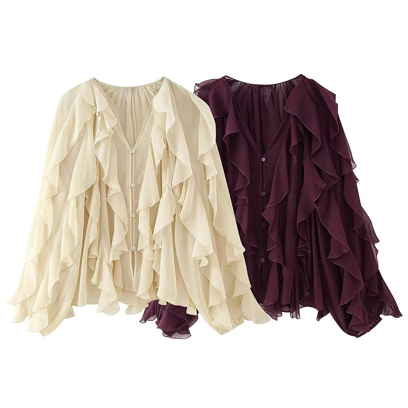 Women’s Sexy Semi-Sheer Ruffle Blouse | V-Neck Long Sleeve Button-Down Shirt