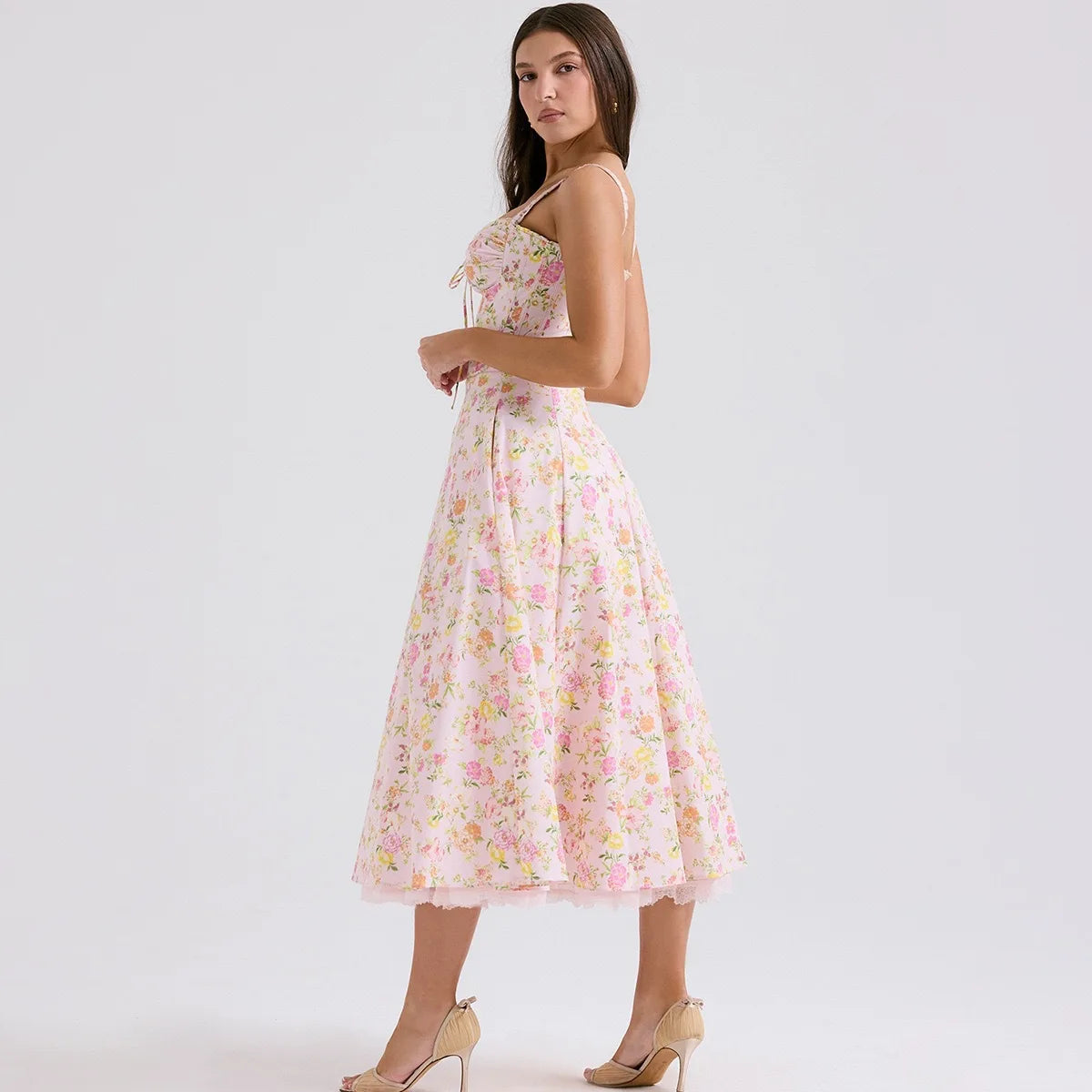 Women's Elegant Pink Floral Print Corset Dress