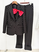 Schwarz-weißer gepunkteter Anzug für Damen | Blazer mit Schleife & maßgeschneiderte Hose Set