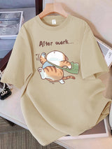 The "Always Tired" Cat Women's Tee: 100% Cotton Loose Fit Top with Minimalist Sleeping Cat Print