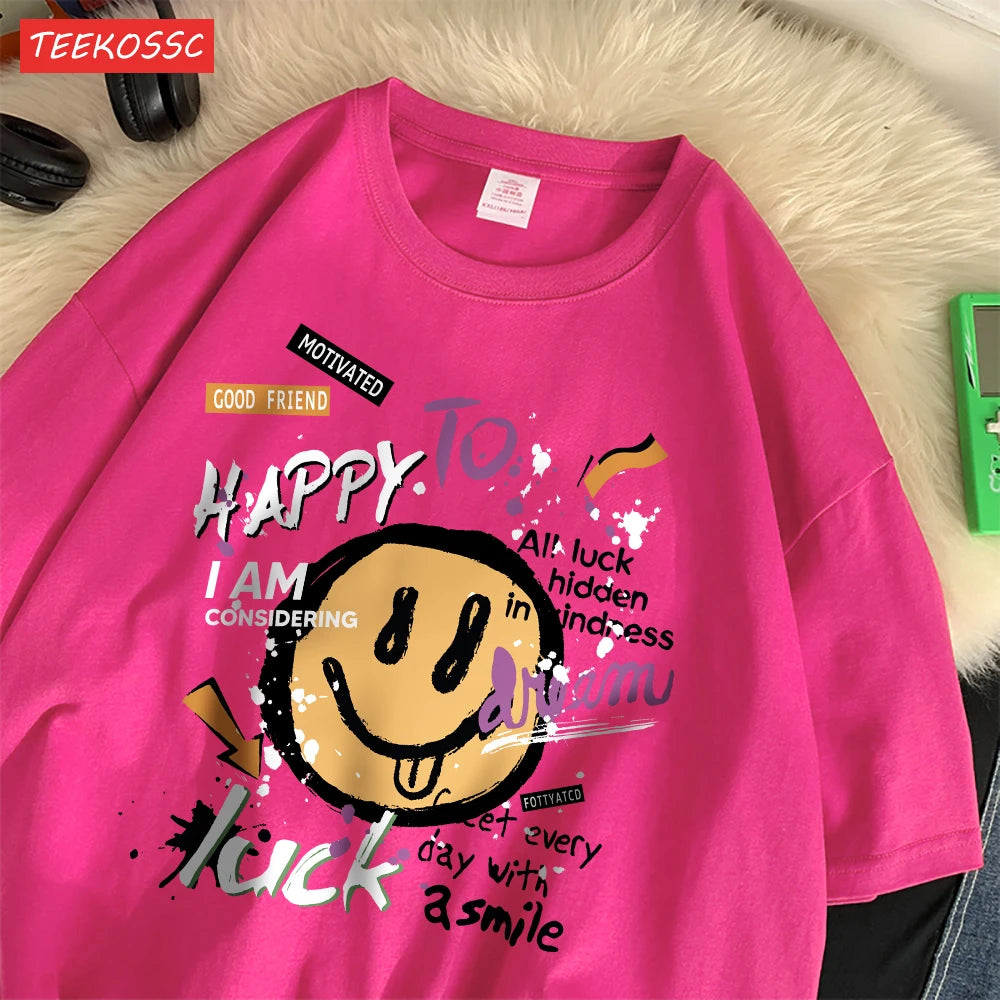 Cute Smiling Face Graffiti T-Shirt - Women's Fun Graphic Cotton Tee