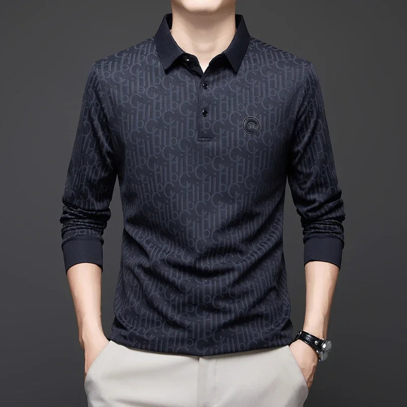 Herren Langarm-Poloshirt mit Abzeichen – Business Casual Uni-Oberteil