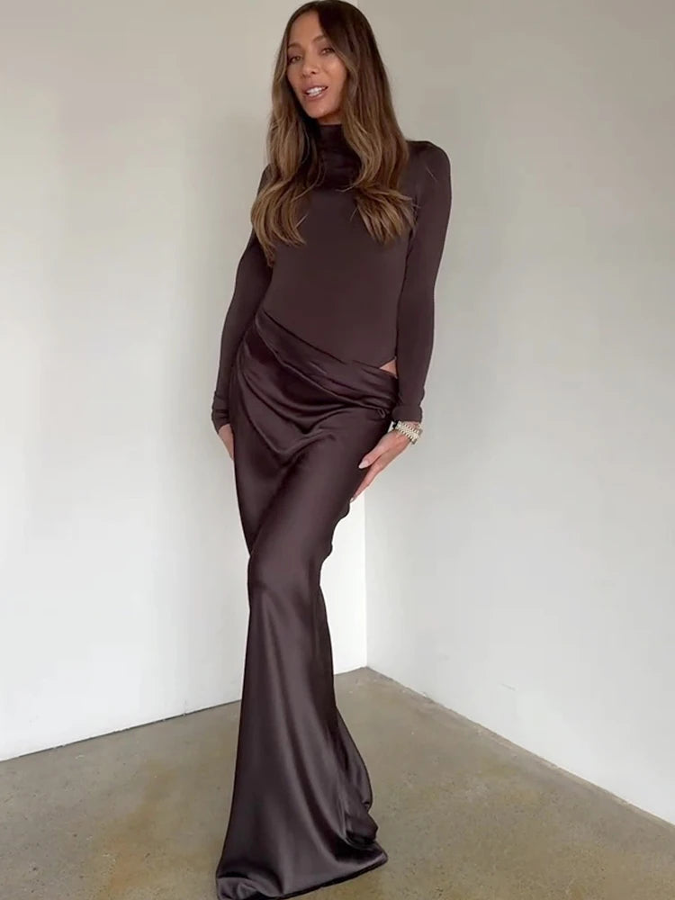 Damen Sexy Satin-Maxikleid mit Cut-Outs – Tailliertes Partykleid mit hoher Taille