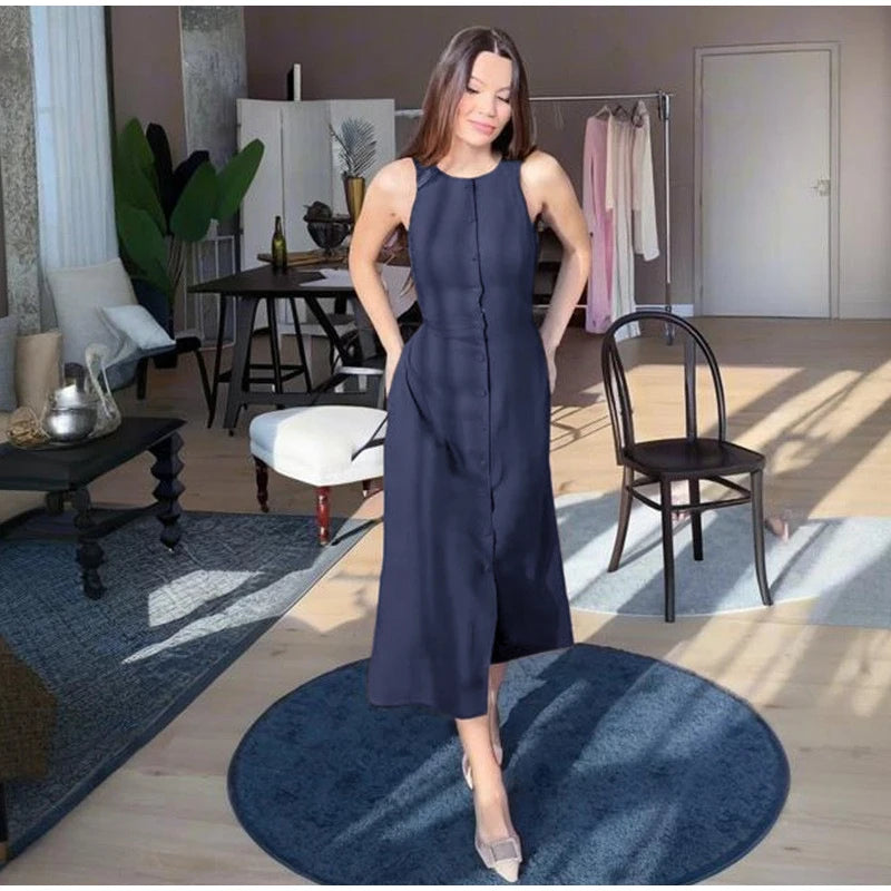 Women’s Elegant Sleeveless Long Dress – Slim Fit Solid O-Neck Maxi