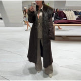Braune Faux-Fur-Patchwork-Langjacke für Damen – Eleganter Gürtel-Schnür-Mantel