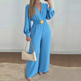 Elegant V-Neck Wide Leg Jumpsuit Long Sleeve Belted Lace-Up Commuting Romper
