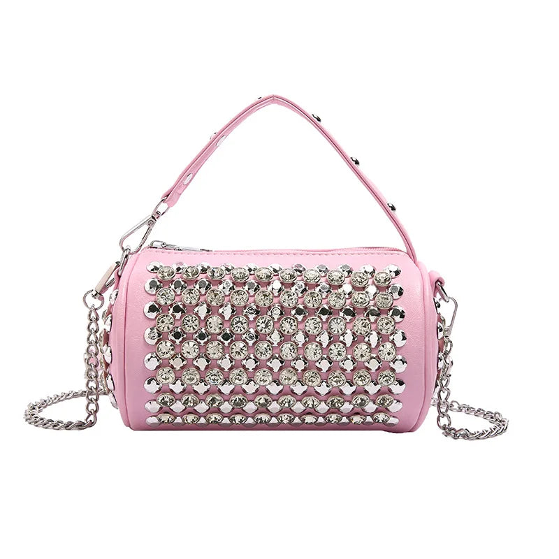 Luxuriöse Zylinder-Strass-Schultertasche | Handgefertigte Kristall-Kissen-Umhängetasche