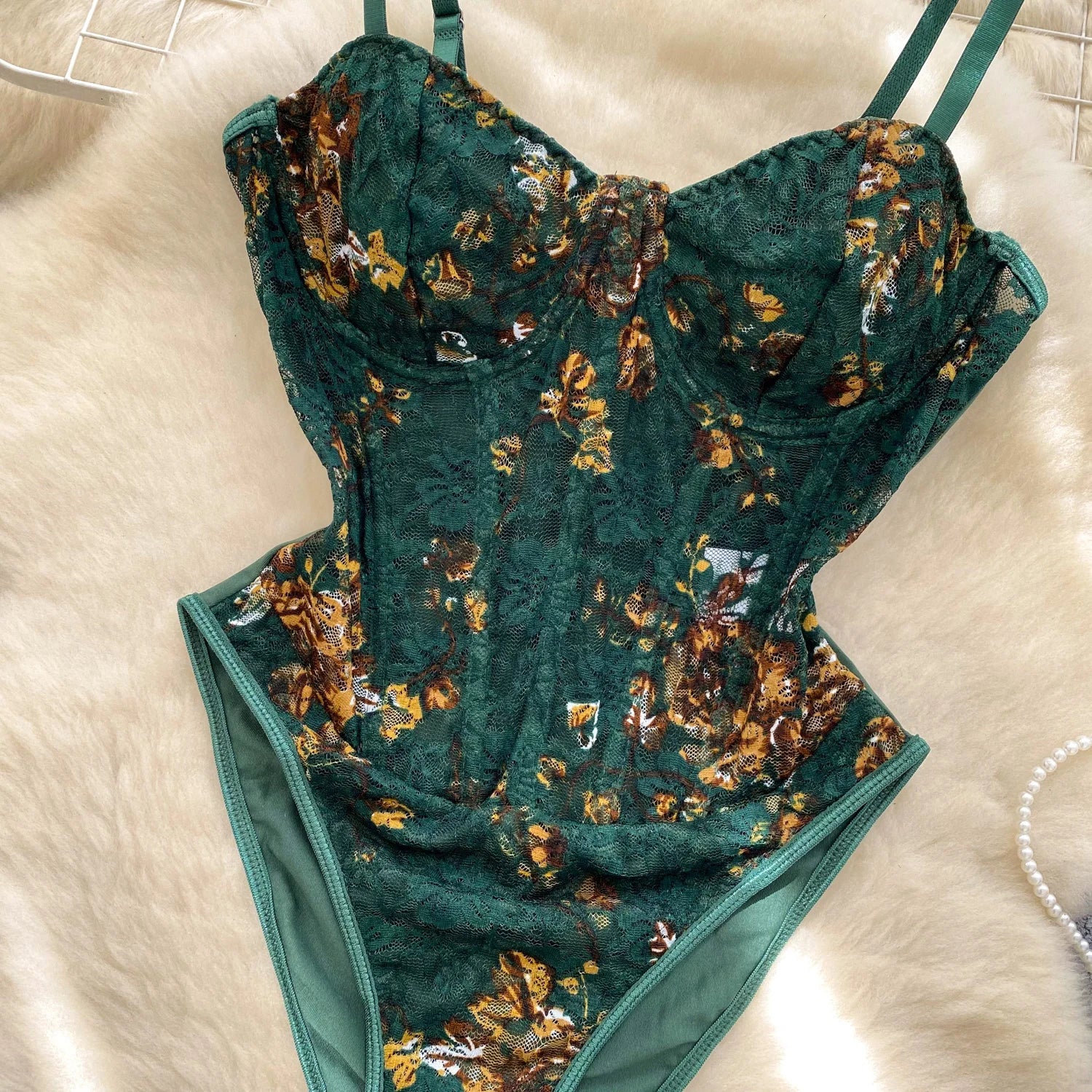 French Retro Corset Bodysuit Sexy Lace Print Patchwork Night Club Romper