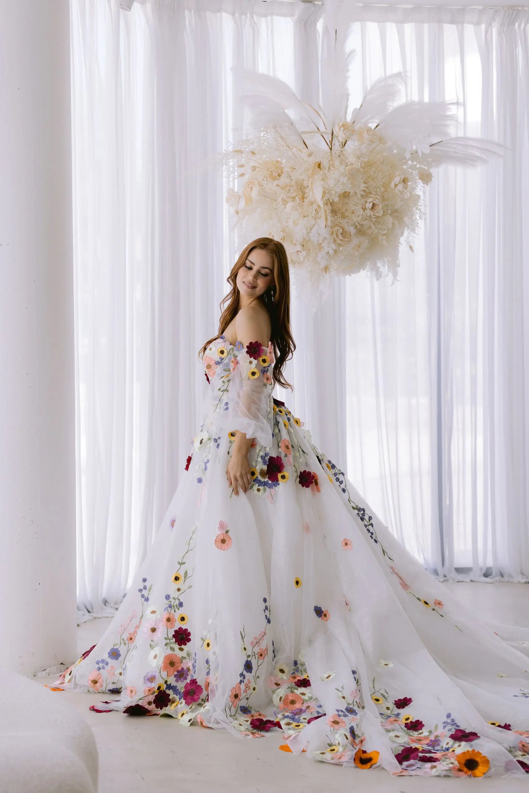 Floral Embroidery Puff Sleeve Prom Dress | Tulle Bridal & Party Gown