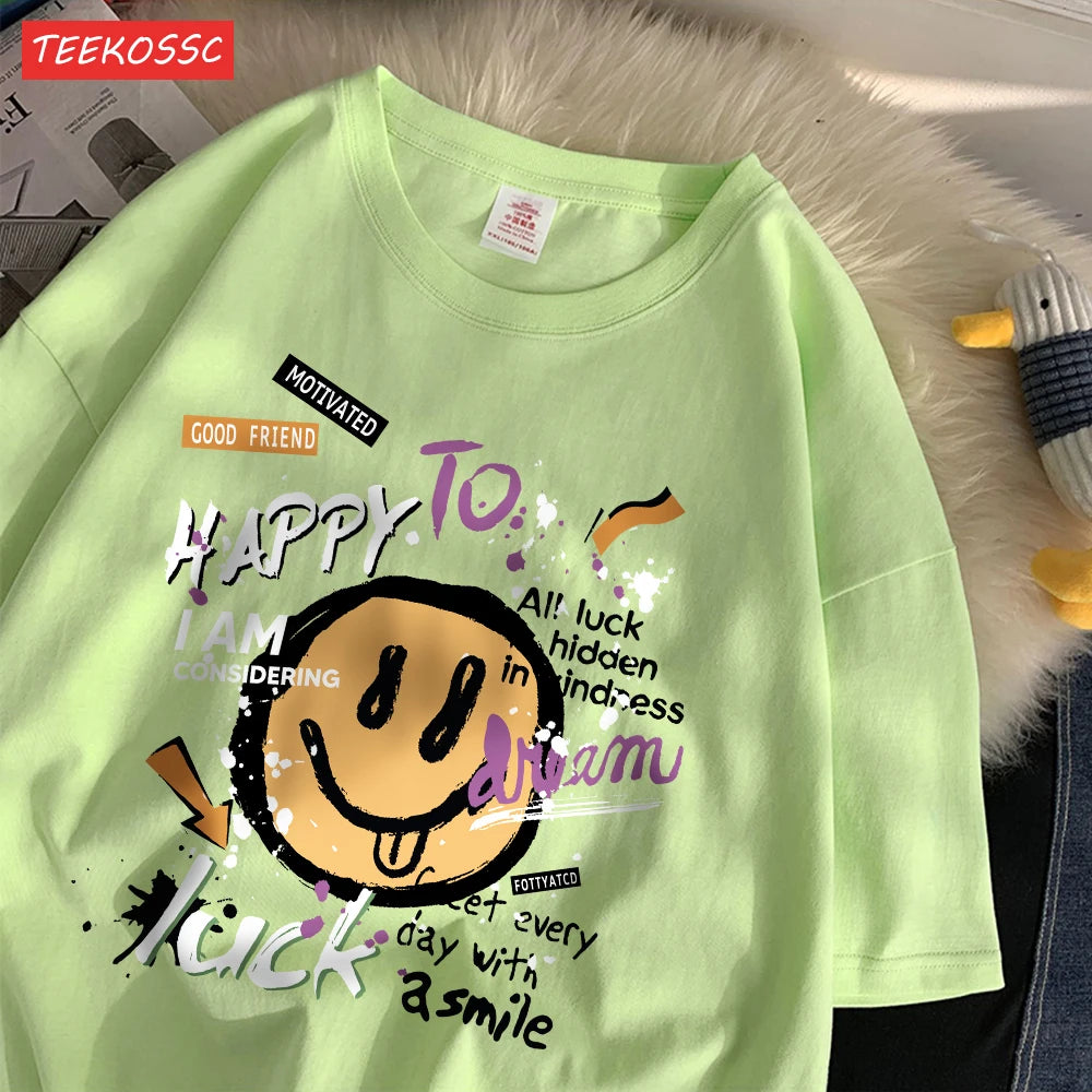 Cute Smiling Face Graffiti T-Shirt - Women's Fun Graphic Cotton Tee