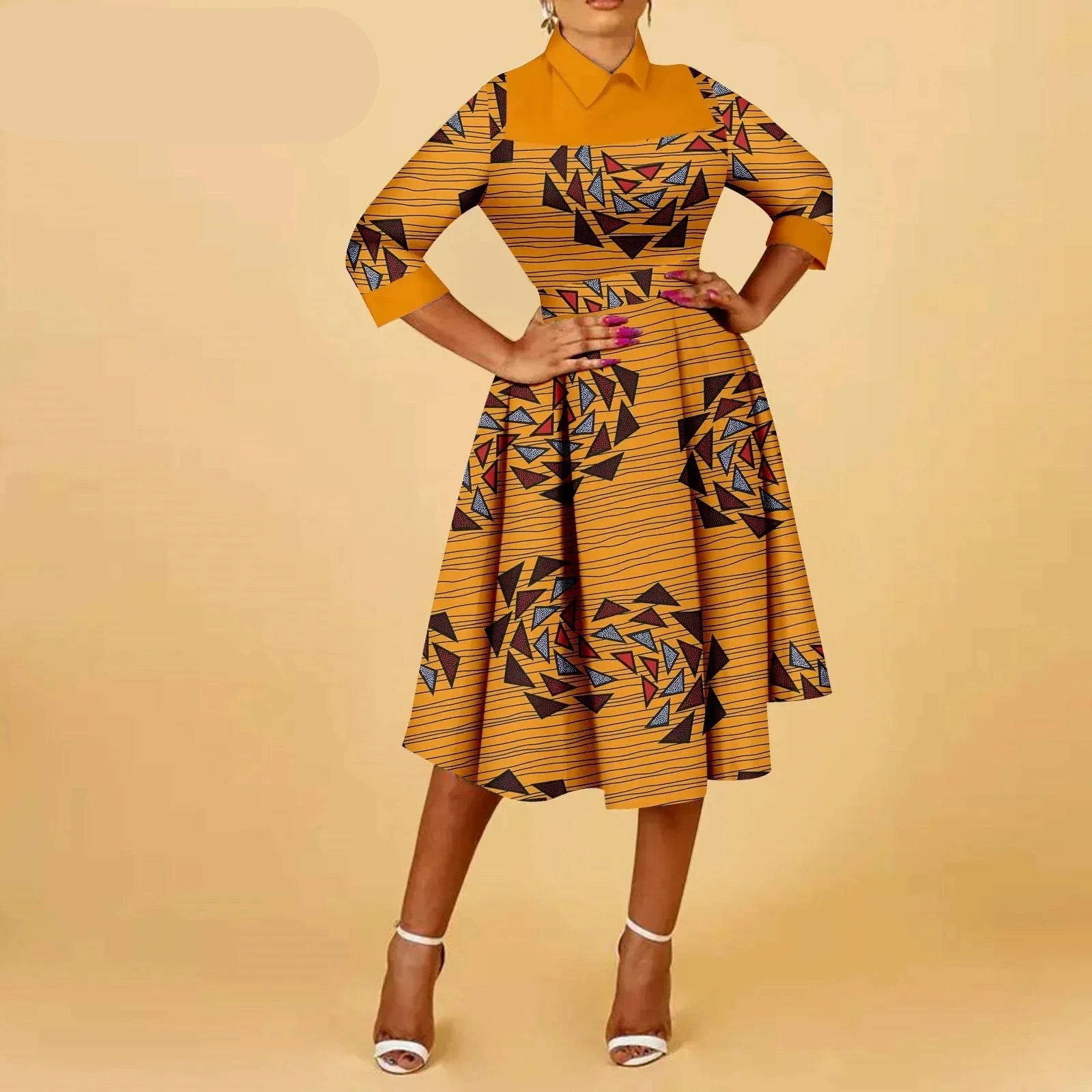 African Elegant Ankara Print Half Sleeve Dashiki Casual Women’s A-Line Midi Dress