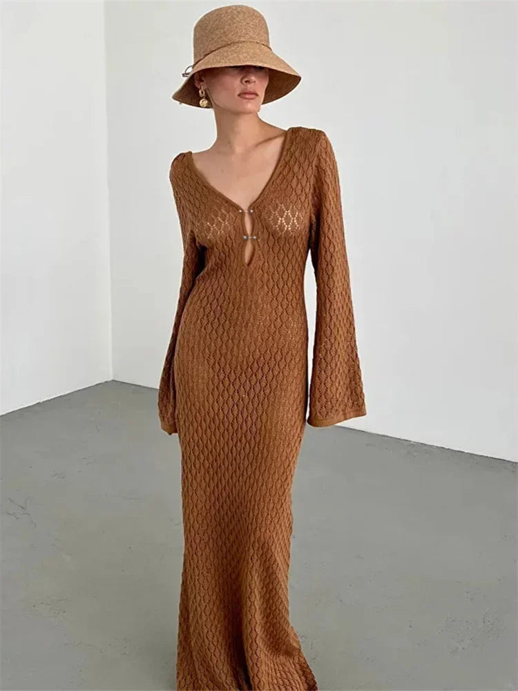 Damen Durchsichtiges V-Ausschnitt Strandkleid mit Cut-Outs, Sexy Rückenloses Strickkleid