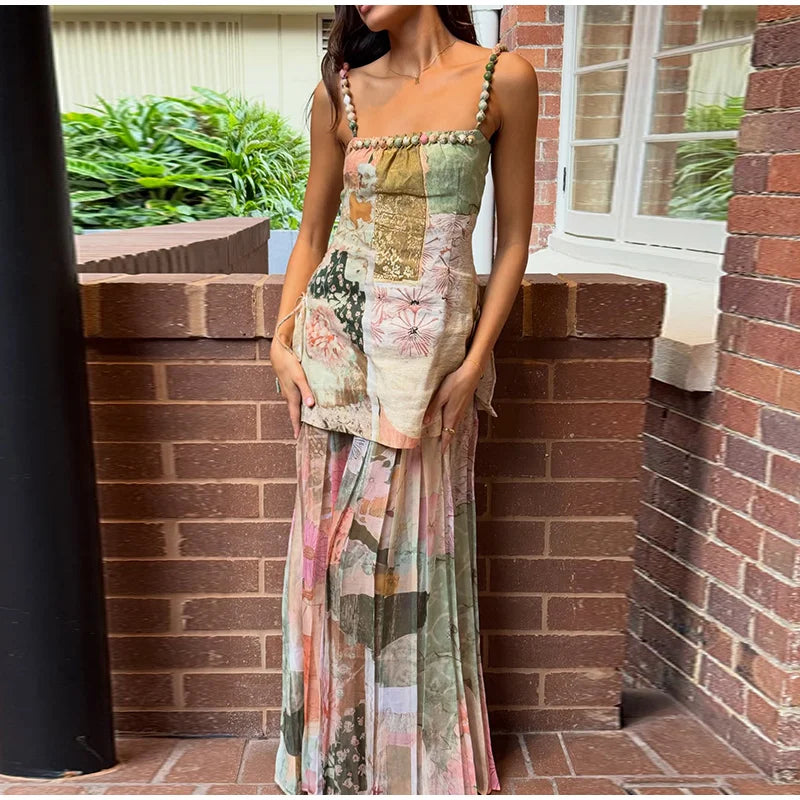 Women’s Printed Ruffle Square Neck Lace-Up Vacation Dress