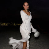Damen sexy Partykleid mit tiefem V-Ausschnitt, hohem Schlitz, Rüschen und ausgestellten Ärmeln, einreihig