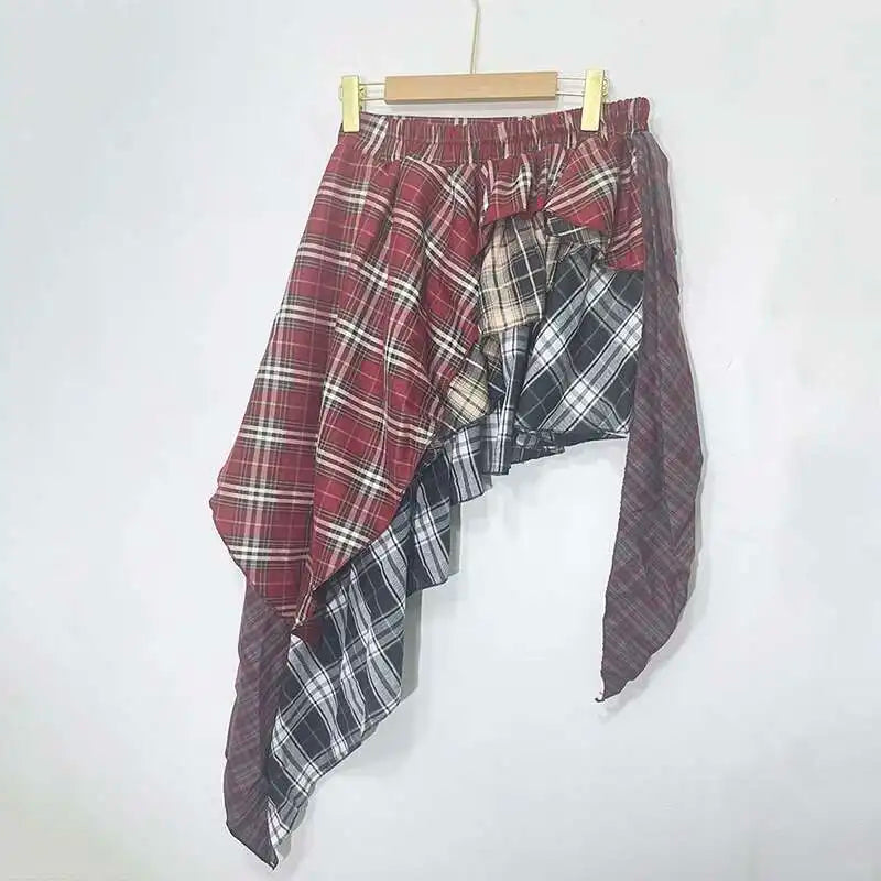 Damen Rot Karierter Patchwork A-Linien Rock mit Hoher Taille und Unregelmäßigem Saum