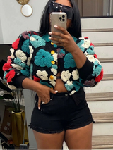 The Botanical Bloom: 3D Blumen-Patchwork-Jacke – Luxuriöser strukturierter Puffärmel-Mantel