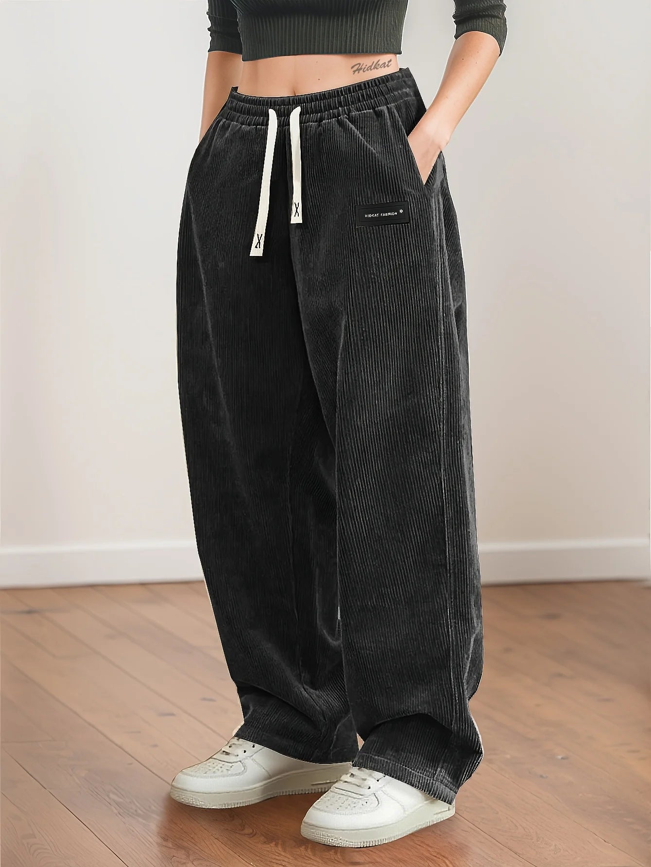 Women's Corduroy Pants Texture Straight-Leg Trousers with Drawstring Waist & White Piping