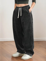 Women's Corduroy Pants Texture Straight-Leg Trousers with Drawstring Waist & White Piping